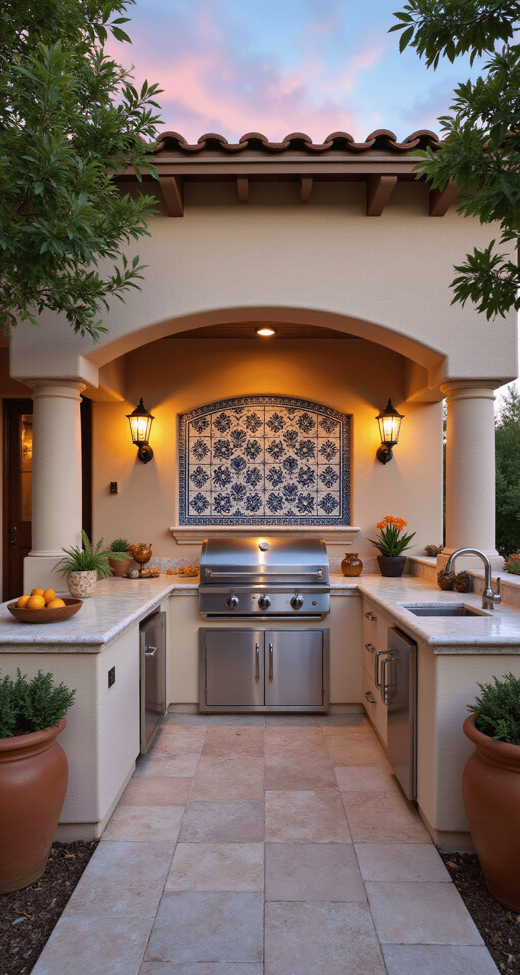 Mediterranean-inspired outdoor kitchen at sunset with hand-painted blue and white tile backsplash, travertine countertops, natural stone facade, and a custom grill island under terracotta roof tiles, framed by citrus trees in ceramic pots and highlighted by wrought iron light fixtures.