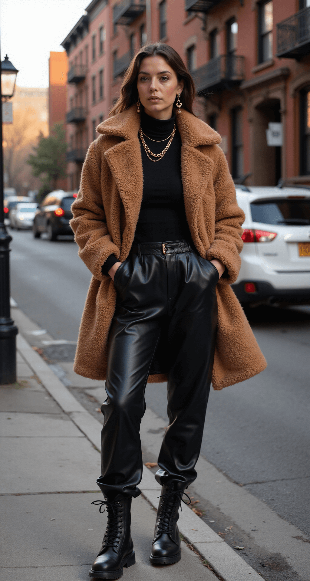 A model stands at a vibrant urban street corner during golden hour, showcasing an oversized camel teddy coat over a fitted black turtleneck and high-waisted trousers. Chunky patent leather combat boots complete the look, while delicate gold jewelry glints in the warm light. The historic brownstone buildings provide a backdrop, captured from a street-level perspective with a slight upward angle and a blurred city ambiance.