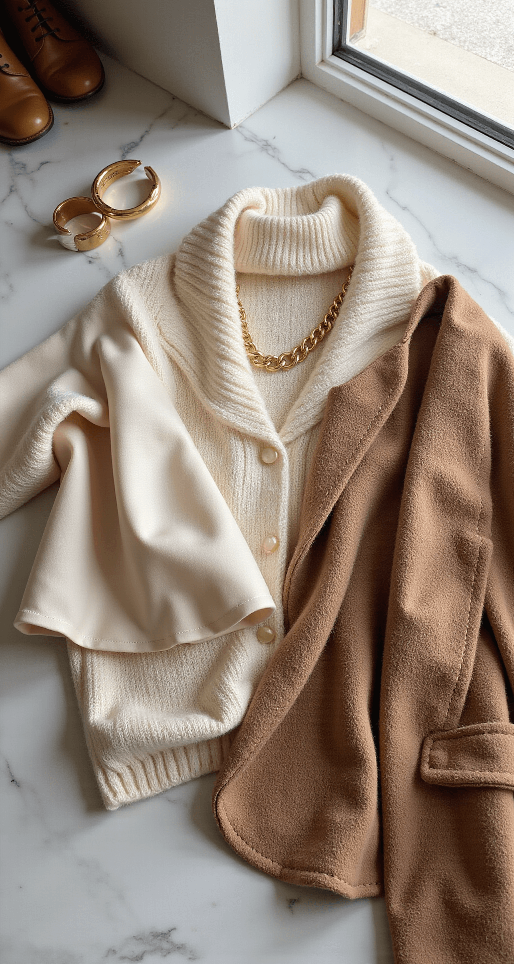 Close-up of a bright walk-in closet featuring a silk camisole, cashmere sweater, and wool blazer in cream and camel tones, with leather accessories and gold jewelry on a marble surface, illuminated by natural light from a skylight.