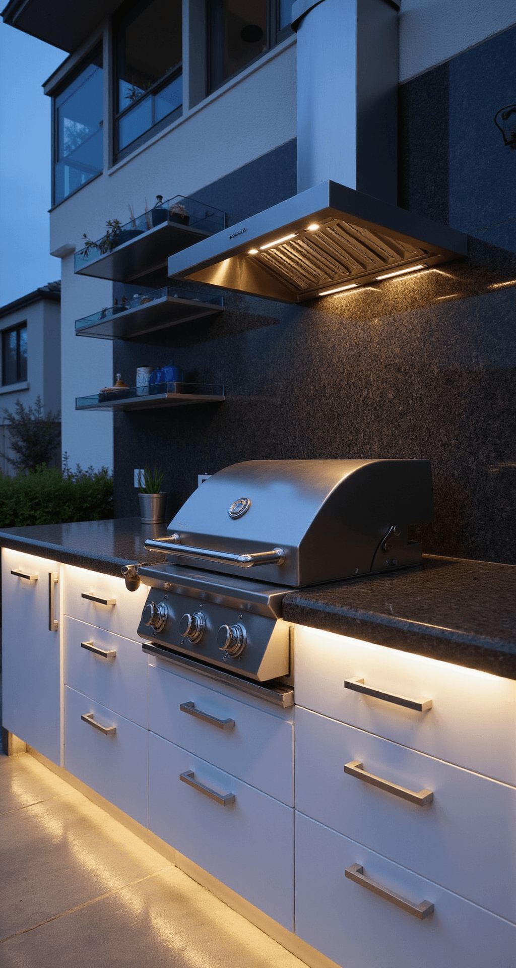 Compact modern grilling station at dusk featuring high-end appliances, glossy white handle-less cabinets, dark granite countertops, hidden LED lighting, floating steel shelves, glass wind barriers, and a sleek stainless hood vent in a monochromatic color scheme with chrome accents.