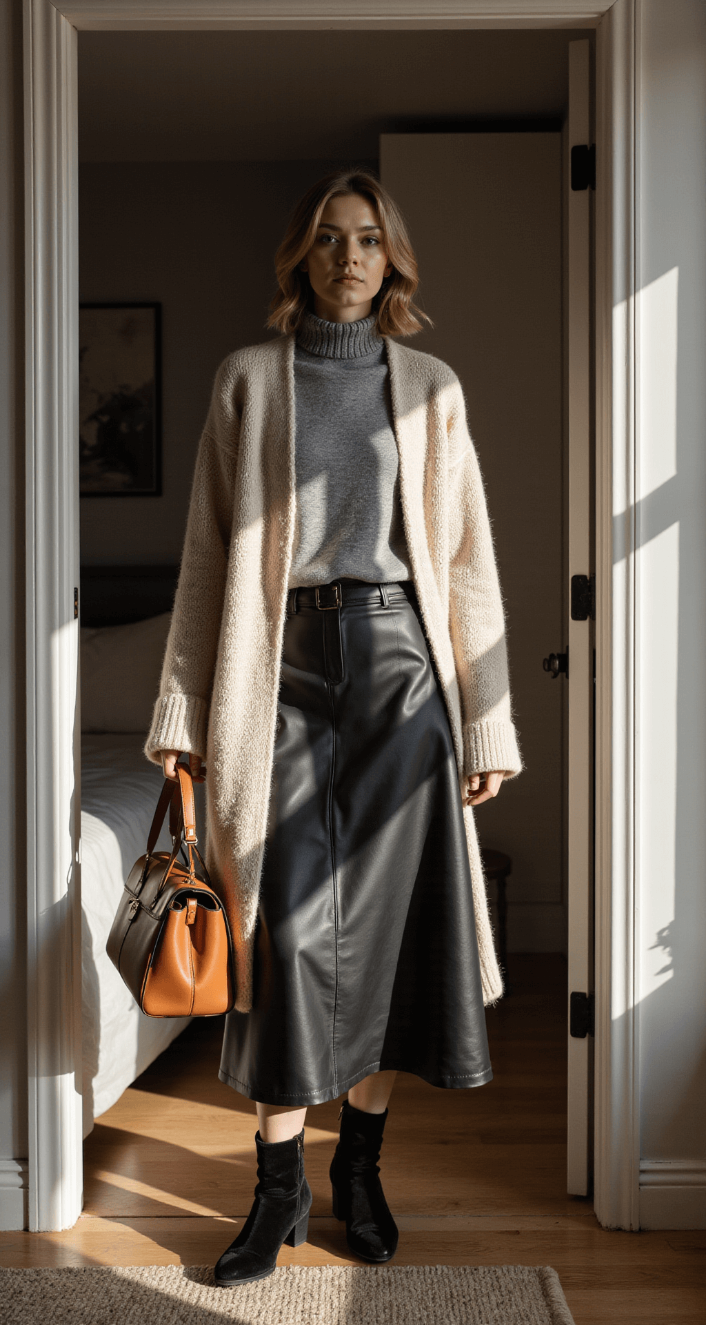 A cozy modern bedroom bathed in late afternoon light, featuring a model in a black leather midi skirt, soft gray cashmere turtleneck, and oversized cream cardigan, complemented by velvet ankle boots and a structured leather bag, all captured through a doorway frame.