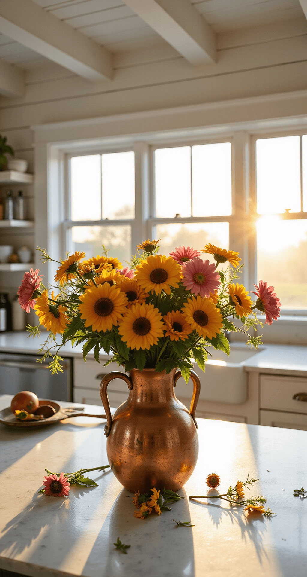 Bright modern farmhouse kitchen illuminated by warm golden hour light, featuring a 12-foot vaulted ceiling with white beams, large west-facing windows, and a central island adorned with zinnias and sunflowers in a copper vase, surrounded by scattered garden tools and cut flower stems.