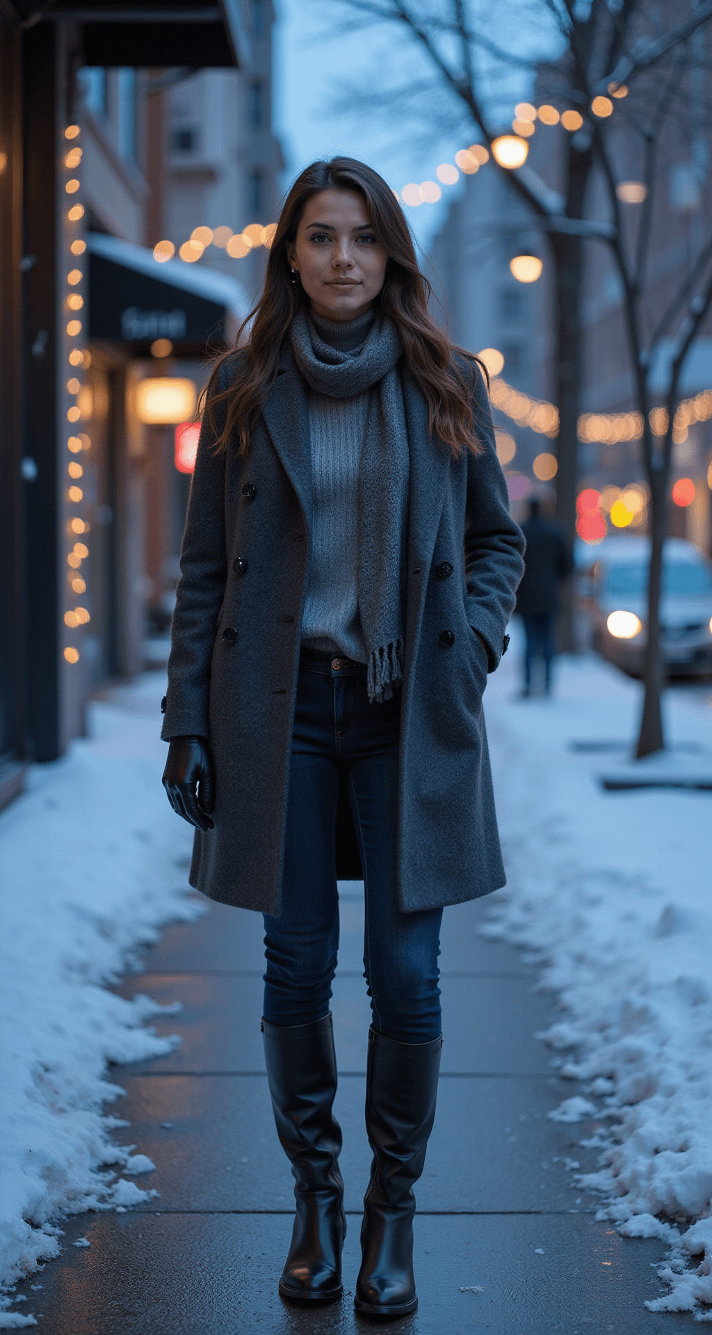 A stylish individual stands on a snowy city sidewalk at blue hour, wearing a ribbed turtleneck, fitted blazer, and a charcoal wool coat. Their straight-leg jeans are tucked into weatherproof black leather boots, complemented by a cashmere scarf and leather gloves. Holiday lights create a bokeh effect in the background, capturing an urban winter scene from a slight elevation.
