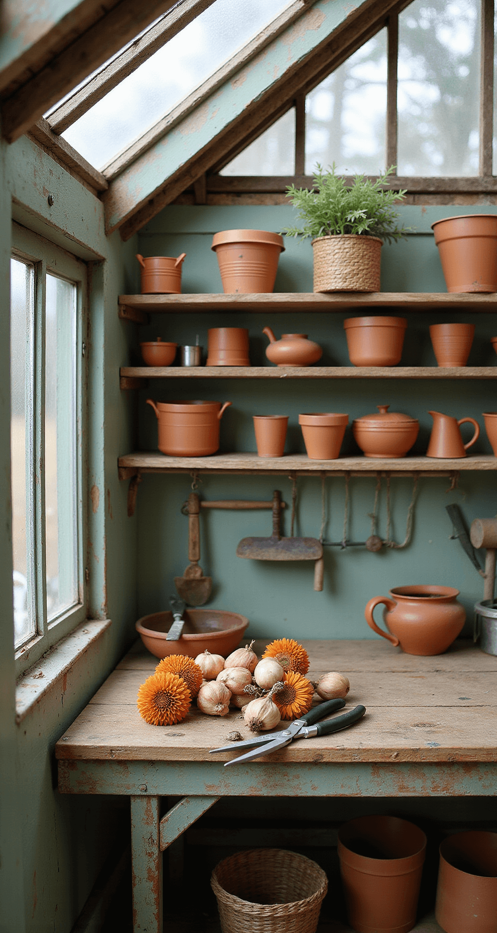 Cozy cottage potting shed interior bathed in soft morning light, showcasing worn wood shelves filled with terracotta pots and garden tools, alongside professional-grade pruning shears and neatly arranged dahlia bulbs on a rustic workbench. The scene features vintage windows, greenhouse-style roof panels, and a mix of natural materials in sage green, warm woods, and weathered metals, captured from above at a 45-degree angle.