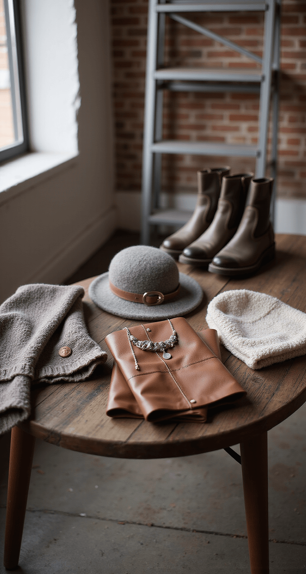 An overhead view of an industrial-chic studio featuring exposed brick, showcasing a vintage wooden table styled with winter accessories including cashmere beanies, leather gloves, and wool scarves in neutral tones, with metallic jewelry and boot hardware enhancing the composition.