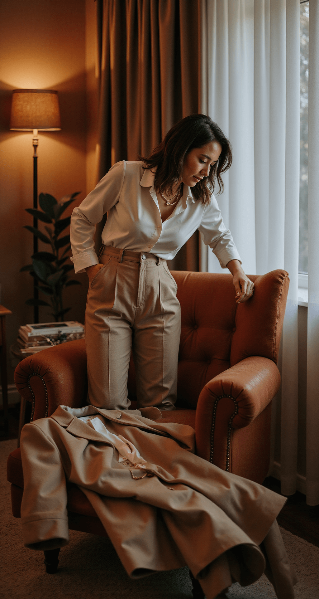 A woman arranges her outfit for the next day in a contemporary apartment living room, featuring warm evening lighting. A tailored camel coat is draped over a velvet accent chair, alongside a cream silk blouse and high-waisted wool trousers, with gold jewelry and a structured leather bag as accessories. The intimate scene captures her nighttime routine in a documentary style.