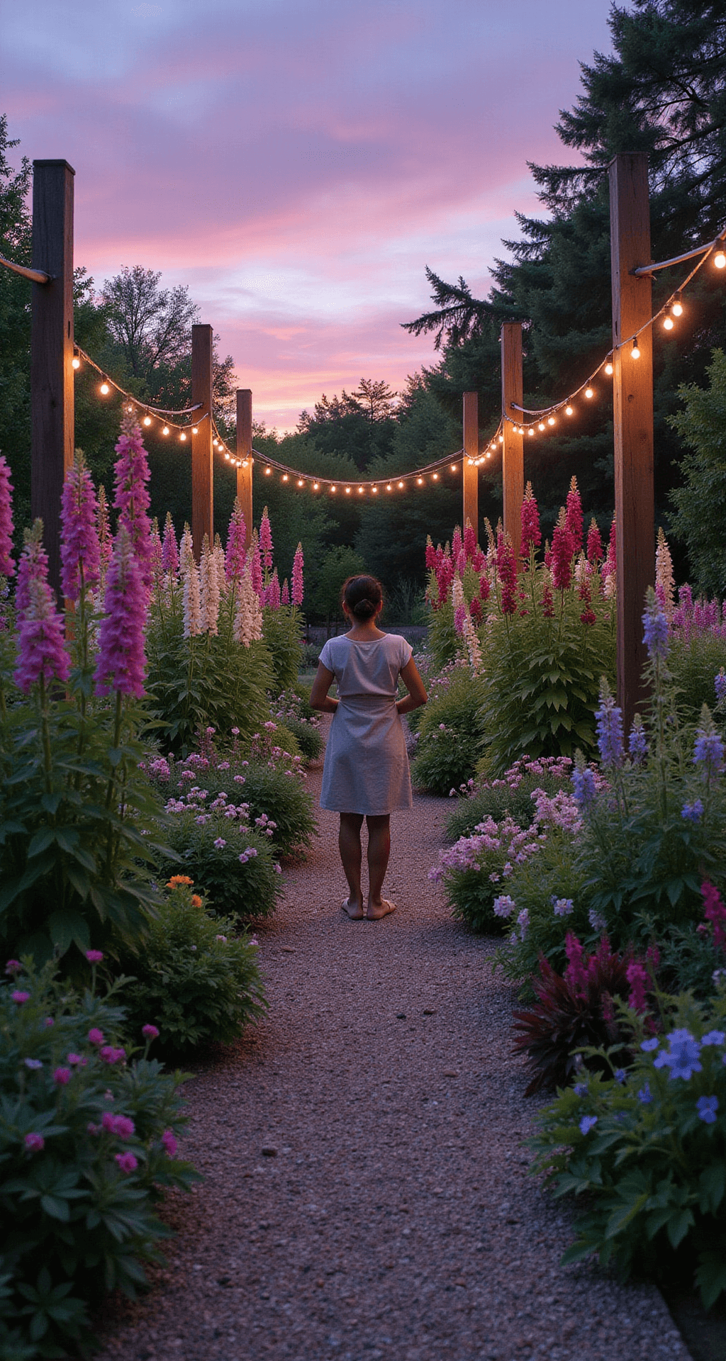 A dreamy outdoor cutting garden at dusk, featuring a formal layout with gravel paths and towering snapdragons and cosmos, illuminated by twinkling string lights. A figure in a linen apron harvests blooms, with ethereal backlighting highlighting the silhouettes of flowers against a purple-pink sky.
