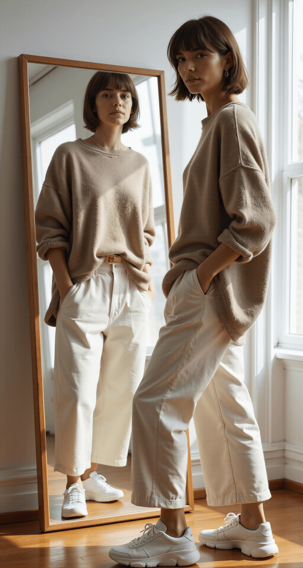 A fashion influencer in an oversized oatmeal cashmere sweater and high-waisted cream linen pants stands in a sunlit minimalist studio apartment, posing before a full-length mirror. She accessorizes with a thin gold belt, chunky white sneakers, and delicate gold jewelry, showcasing a natural makeup look and tousled bob haircut. The image captures the interplay of textures and silhouettes in soft focus.
