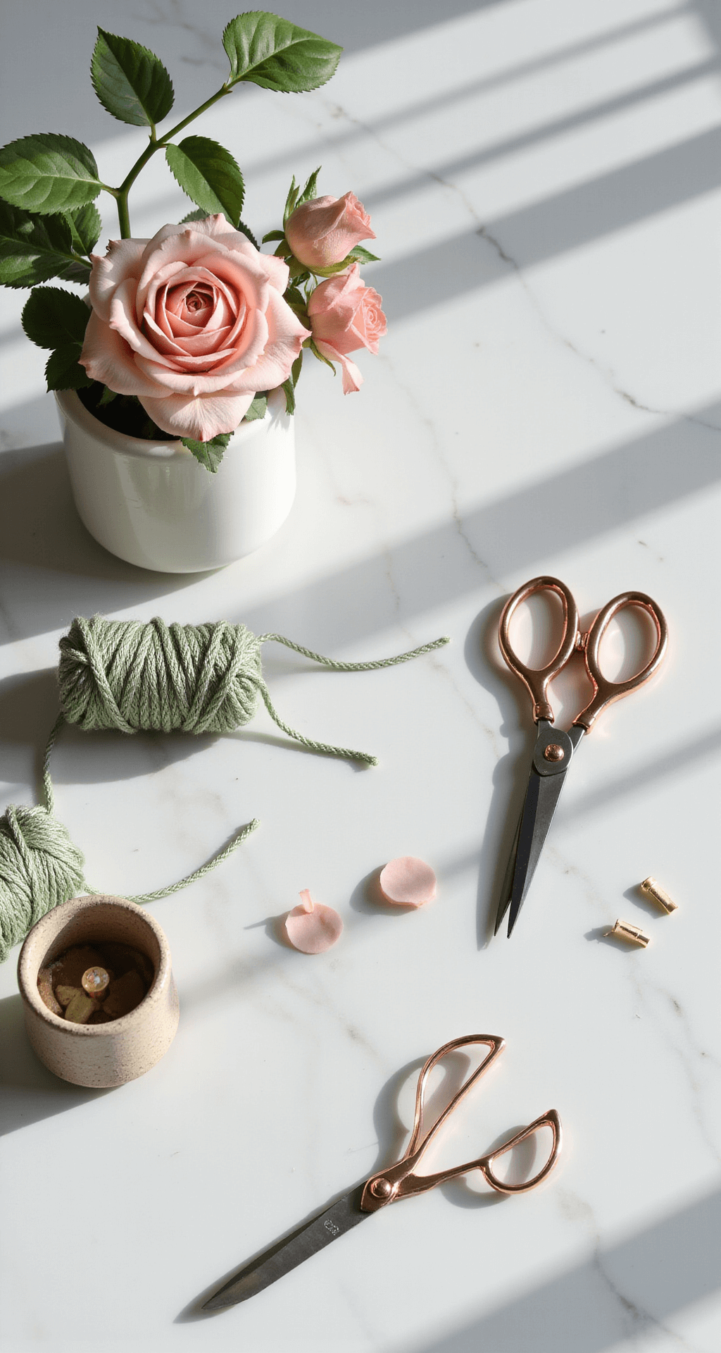 A minimalist floral workspace featuring a 6-foot marble island illuminated by natural skylight, showcasing a white ceramic vase with fresh-cut garden roses and professional florist tools like copper scissors, twine, and plant markers, all arranged with intentional negative space in a modern industrial aesthetic.