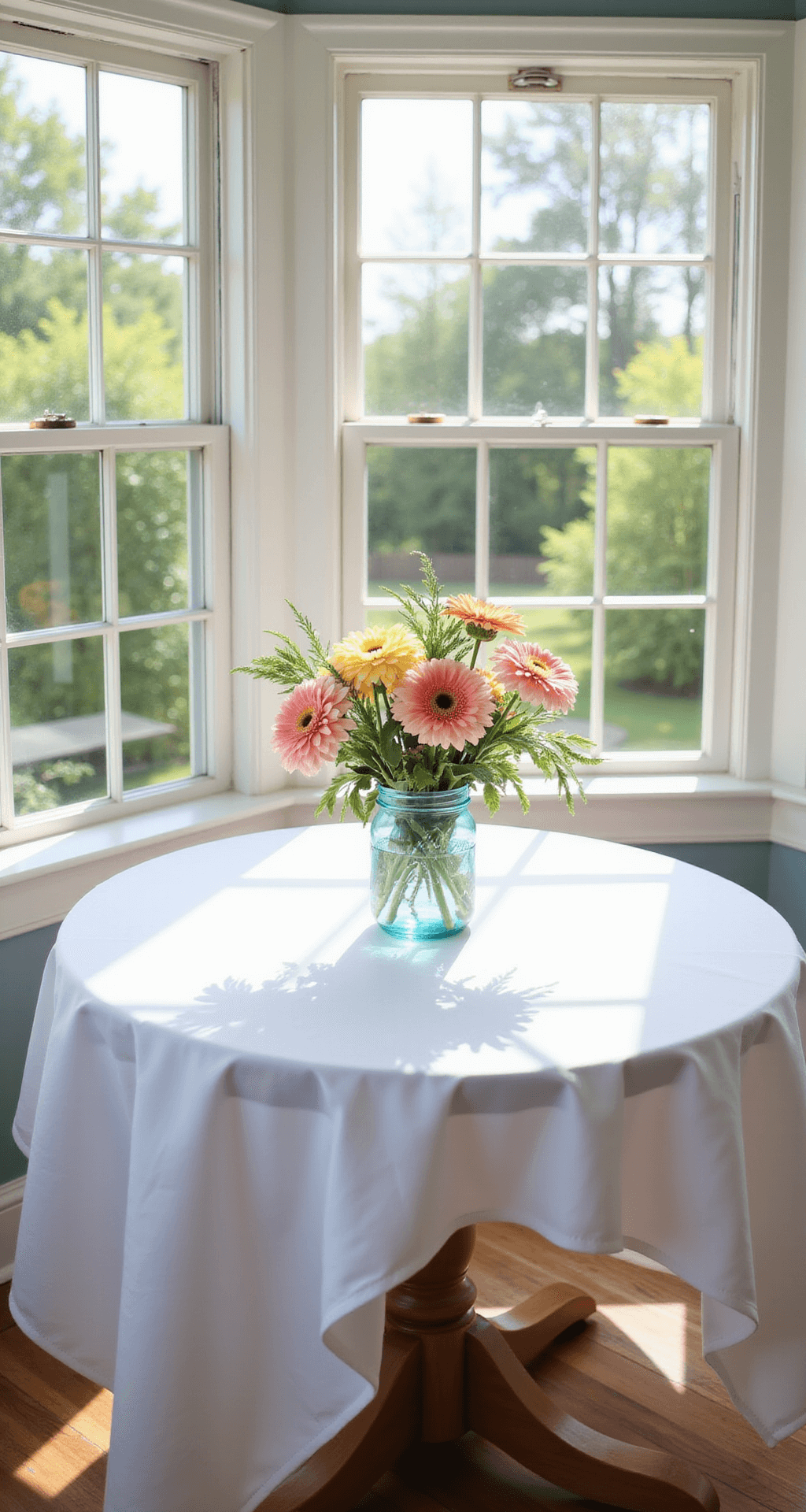 Bright breakfast nook with bay windows, featuring a round pedestal table adorned with a garden-fresh bouquet of dahlias and cosmos in a vintage blue mason jar, set on a white linen tablecloth. The scene captures sun-drenched light illuminating the flowers, creating a romantic soft focus effect against the garden view outside. Colors include powder blue, butter yellow, coral pink, and cream.
