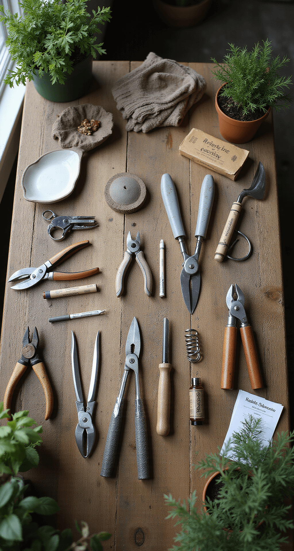 Flat lay of a professional gardening workstation featuring a weathered wood table with organized cutting garden tools, including labeled pruners, gloves, seed packets, and markers, illuminated by natural light from the left, highlighting the textures and details.