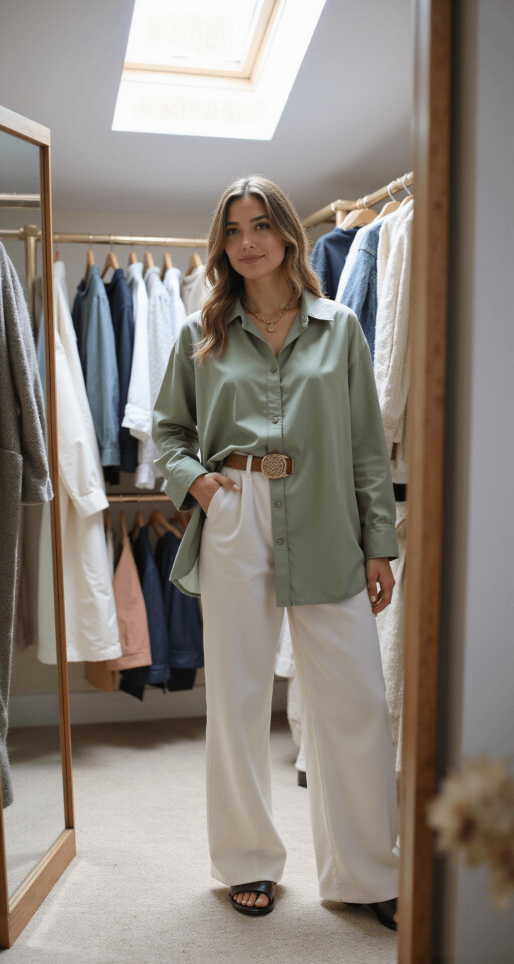 A bright and airy walk-in closet styled for a fashion session, featuring a sage green oversized silk button-down paired with cream wide-leg trousers. Curated geometric gold jewelry, leather slides, and a woven belt are nearby. Natural light from a skylight casts shadows, highlighting fabric textures, with a partially visible mirror and clothing rack details in view. Shot from a 45-degree angle above.