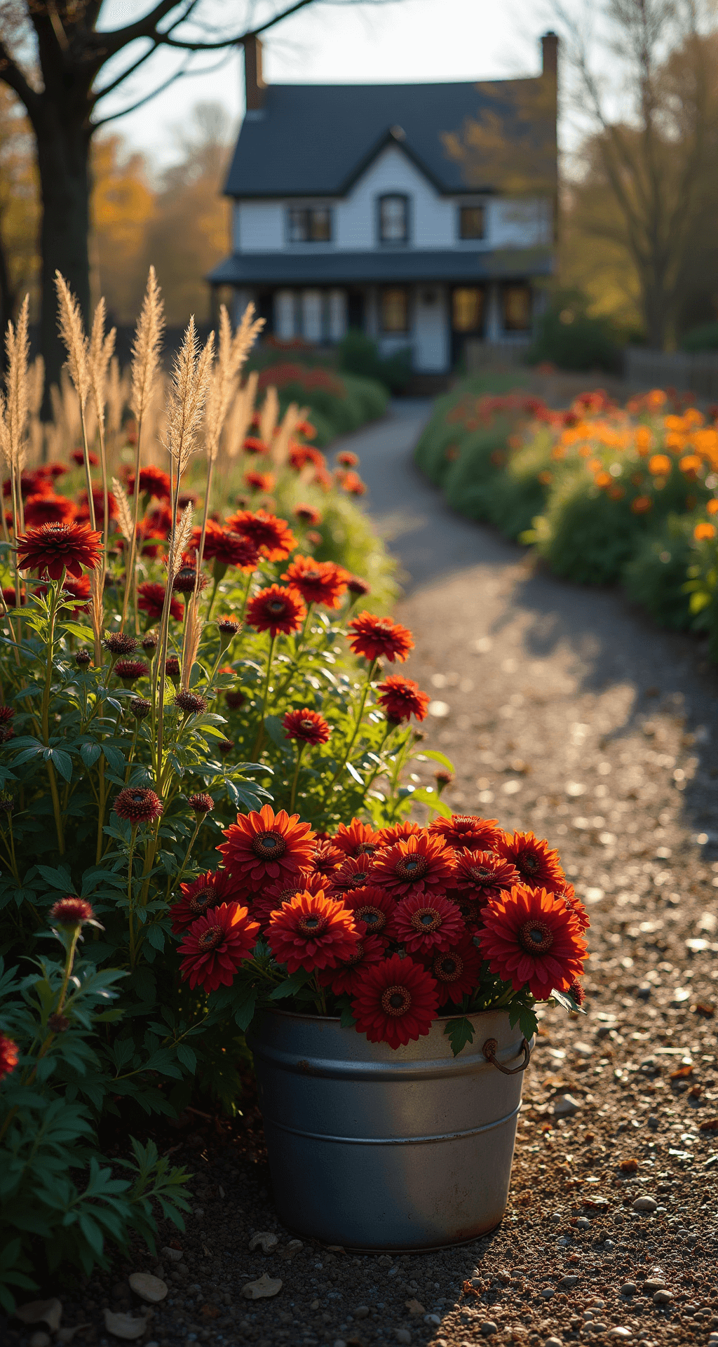 A wide-angle view of a late afternoon autumn cutting garden featuring a 15-foot raised bed with bronze dahlias and burgundy cosmos, alongside ornamental grasses. A vintage metal harvest basket filled with fresh flowers rests on a mulched path, with long shadows cast by the low sunlight. The cozy cottage in the background adds to the moody, nostalgic atmosphere, highlighted by rich jewel tones, copper hues, and deep greens among weathered woods.