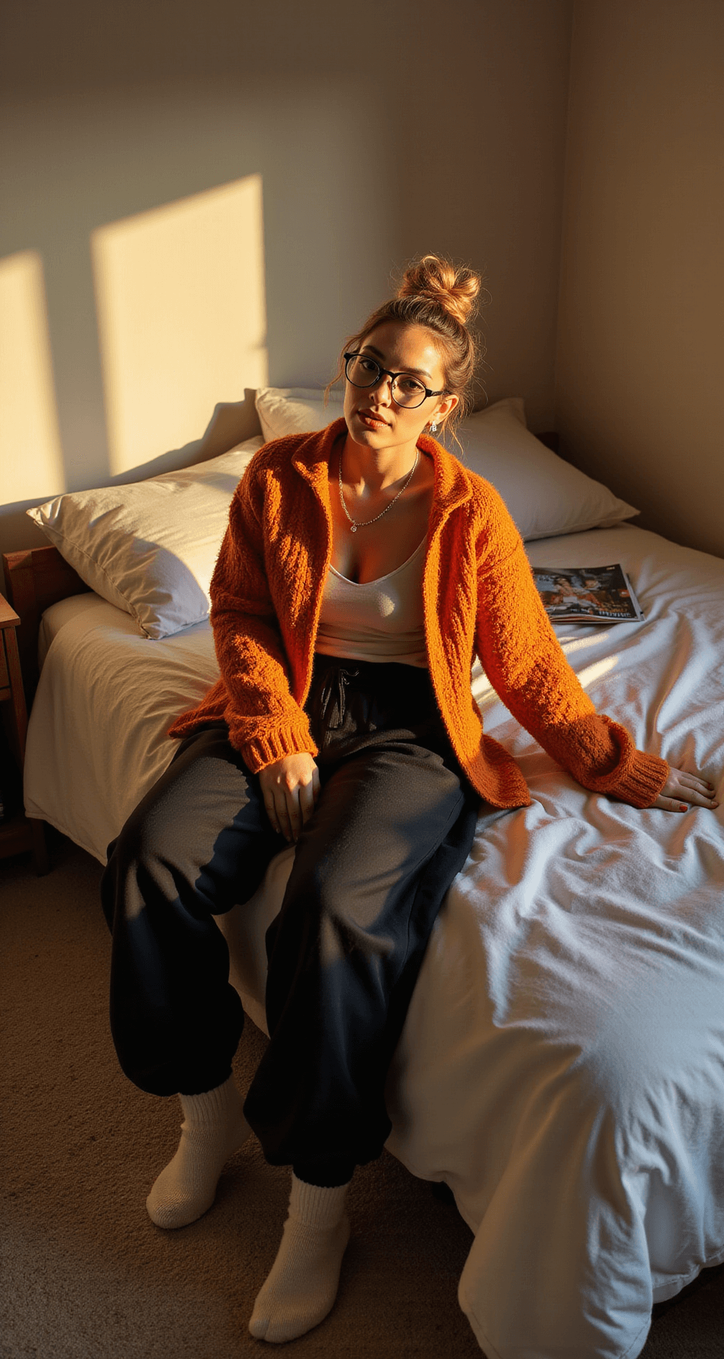 A cozy bedroom corner featuring a model lounging in a burnt orange chunky knit cardigan over black joggers, complemented by fuzzy socks and statement glasses. A messy bun and plush bedding enhance the relaxed vibe, with scattered fashion magazines and warm golden hour lighting creating a welcoming atmosphere.