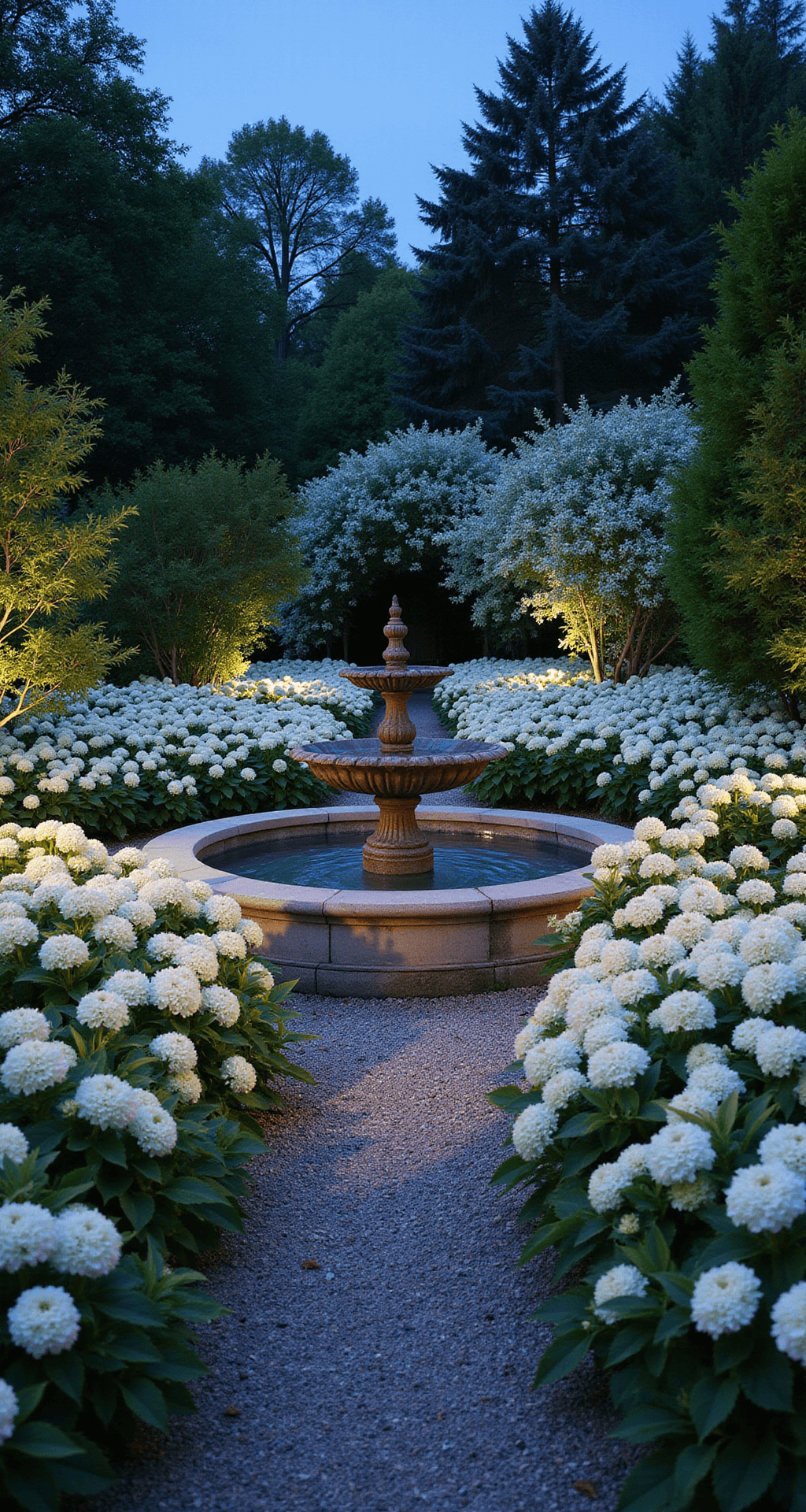 A twilight garden scene at ground level featuring a geometric layout with crushed granite paths, a weathered stone fountain, and blooming 'Annabelle' hydrangeas, illuminated by soft landscape lighting, with silver-leafed artemisia and a cool blue dusk sky reflecting in the water feature, shot at f/2.8 to highlight the textural layers of the plants.