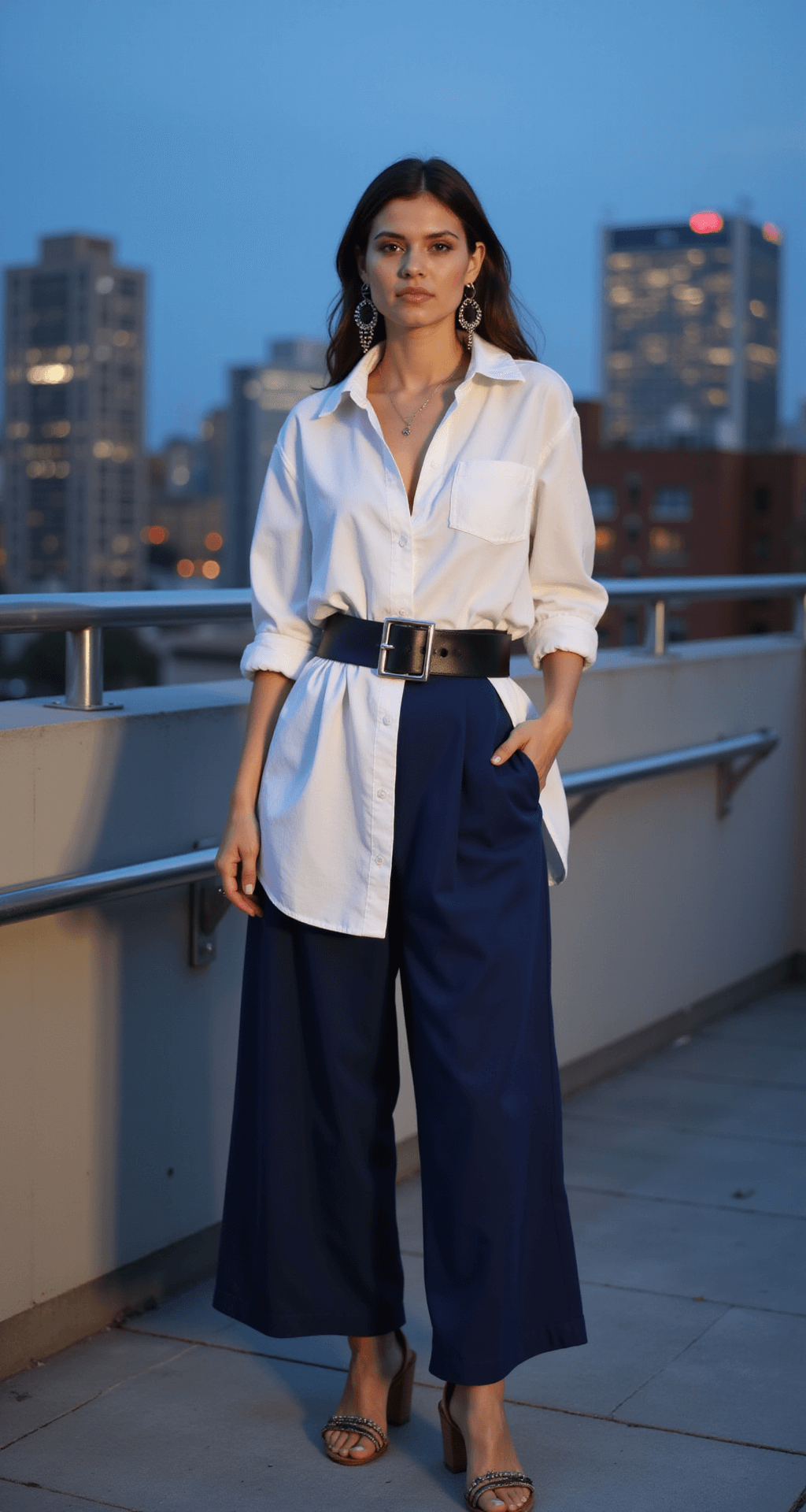 A modern rooftop terrace at blue hour, featuring a person in an oversized white poplin shirt dress cinched with a wide black leather belt and loose-fit midnight blue silk palazzo pants. Statement earrings catch the dimming light, while strappy sandals are visible beneath the pants. The urban skyline creates a dramatic contrast, captured from a slightly low angle to highlight architectural elements.