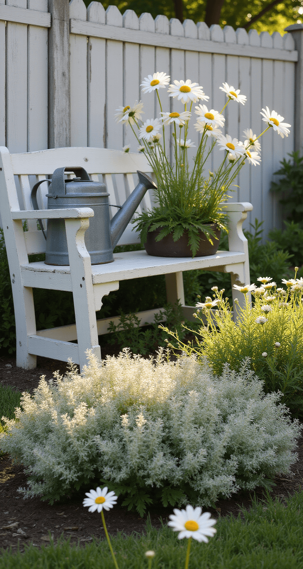 Intimate cottage garden scene at golden hour featuring a 8'x10' bed with 'Diamond Frost' euphorbia and white cosmos, a vintage zinc watering can, and a white painted garden bench, all illuminated by soft backlight.