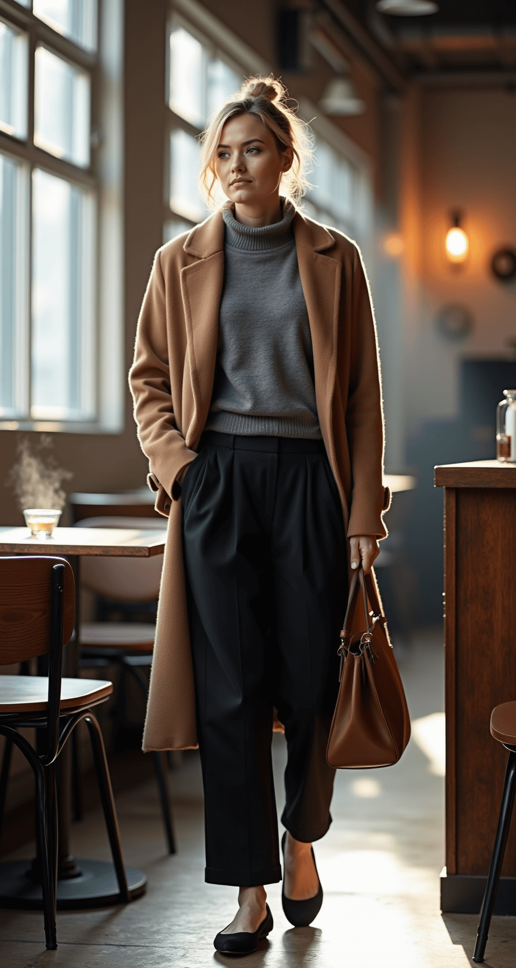 A creative professional in an oversized camel wool coat over baggy black culottes and a gray turtleneck sweater sits at a café table, with a sleek leather tote and pointed mules. Morning light filters through factory windows, illuminating steam rising from a coffee cup, set against a backdrop of rich browns and grays in an industrial-chic coffee shop interior.