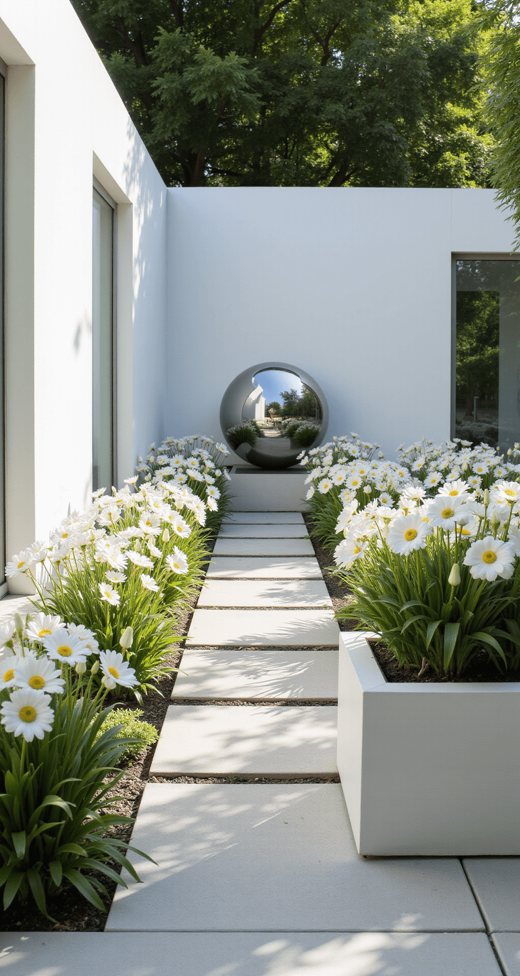A modern minimalist white garden featuring a 15'x15' contemporary space with clean lines, structured plantings in white cube planters, including architectural agapanthus and calla lilies, polished concrete paths, and masses of white Japanese anemones, with a chrome sphere sculpture reflecting the blooms, captured in strong directional light from an elevated 3/4 view for maximum detail and clarity.