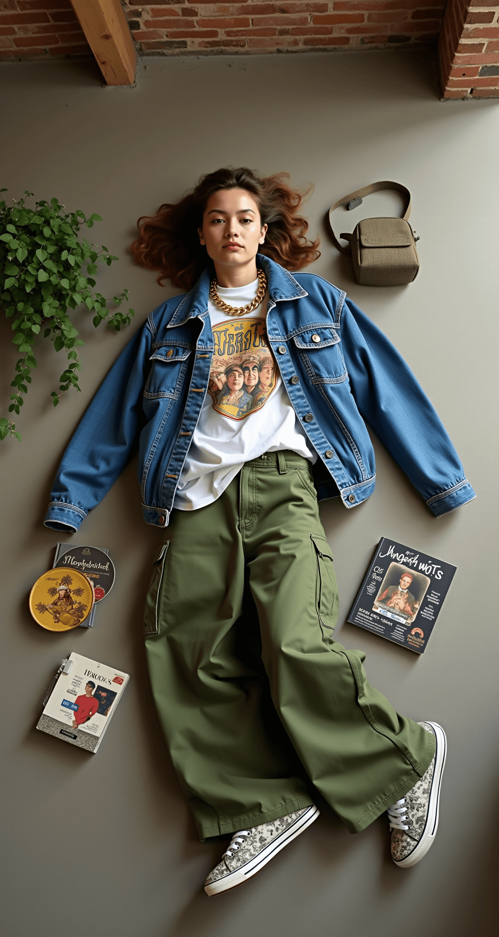 An overhead view of a styled flat-lay in an artistic loft featuring an oversized denim jacket, vintage band tee, and olive green wide-leg cargo pants. Accessories include a chunky gold chain necklace, platform sneakers, and a mini backpack, surrounded by trailing ivy plants and art books, illuminated by diffused midday light.