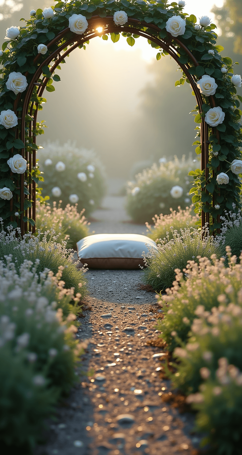 A serene dawn garden meditation space featuring a circular room enclosed by white climbing roses on copper arches, with morning mist filtering the early light. A central meditation cushion is surrounded by white lavender and verbena ground cover, with crystal dewdrops on the petals, all captured from the entrance viewpoint with an intimate, ethereal quality.