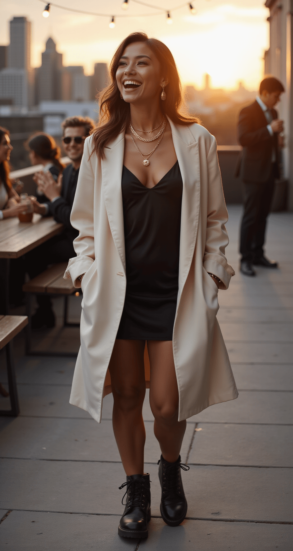 A confident woman in a black silk slip dress and oversized cream blazer laughs with friends on a chic urban rooftop at golden hour, her chunky black combat boots catching the warm light. The city skyline serves as a backdrop, with string lights creating soft bokeh effects, while her gold layered necklaces glint in the sunset.