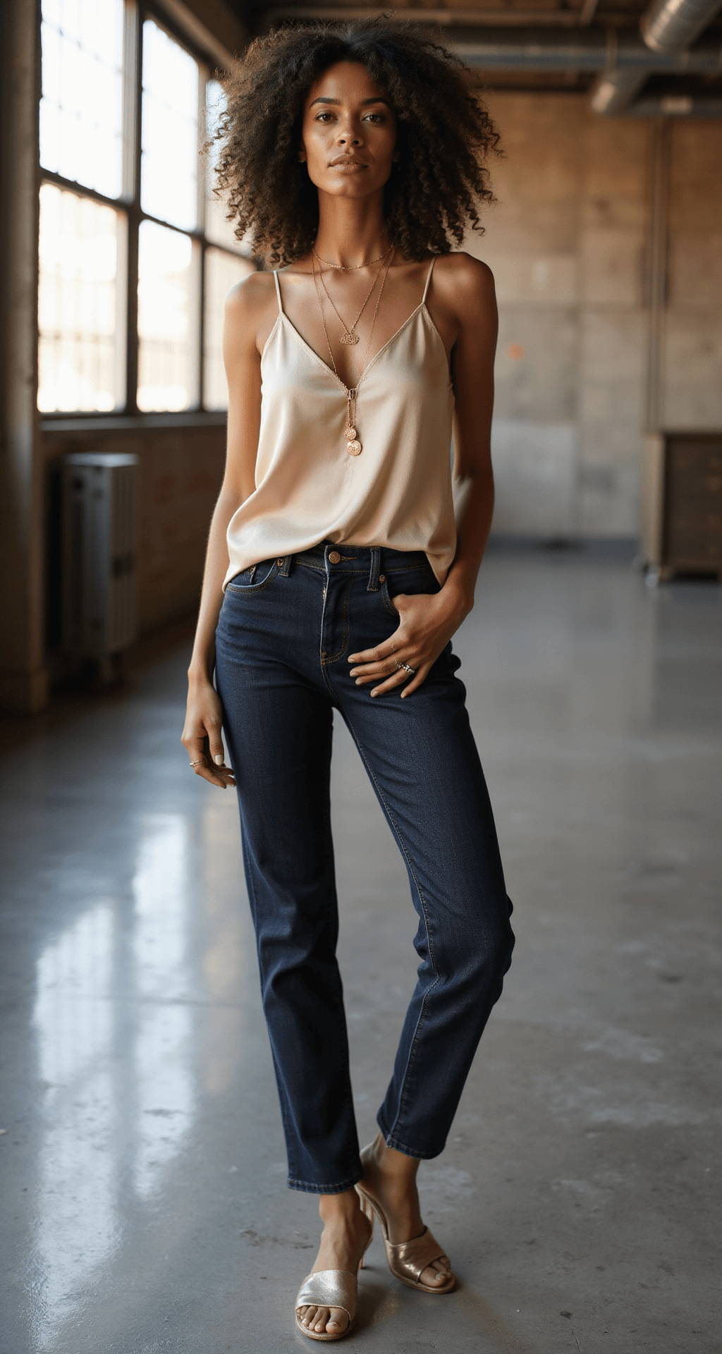 Model in a champagne-colored silk camisole and high-waisted dark wash jeans, accessorized with delicate gold jewelry and metallic block-heel sandals, poses in an industrial-style loft apartment with floor-to-ceiling windows, captured in a shallow depth of field.