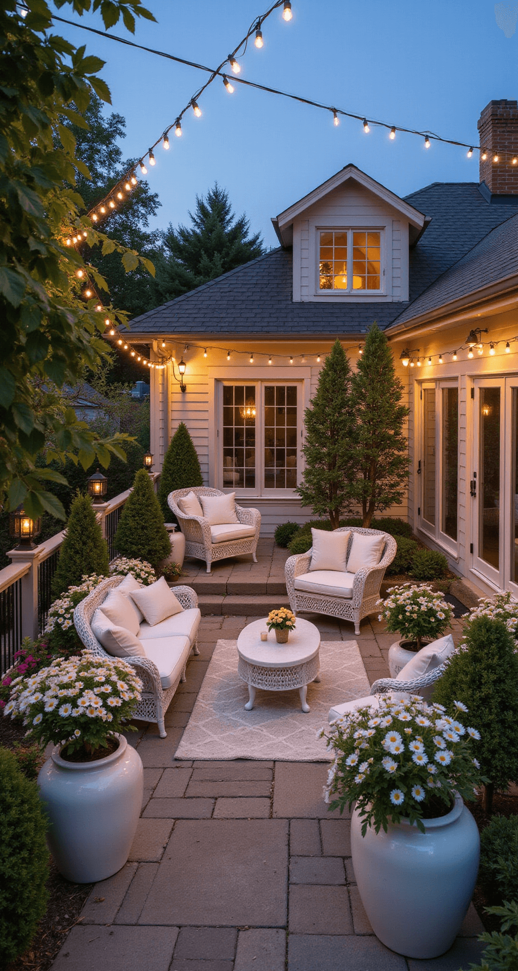 A multi-level terrace garden in the evening, featuring white wicker furniture on an outdoor rug, surrounded by cascading white petunias and lobelia in large ceramic planters. String lights criss-cross overhead, and candle lanterns add warm ambient lighting, all viewed from a slightly elevated corner angle.