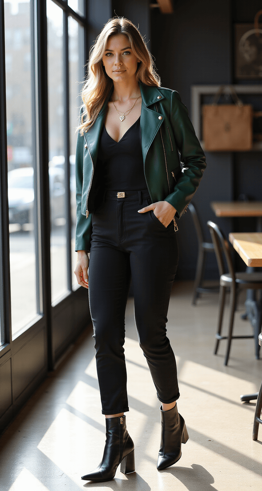 A model poses in a minimalist boutique during late afternoon, wearing high-waisted black cigarette pants, a fitted black bodysuit, and an emerald green leather moto jacket. A geometric gold pendant stands out, and pointed-toe ankle boots add an edgy touch, with sunlight streaming through large windows enhancing the dynamic diagonal composition.