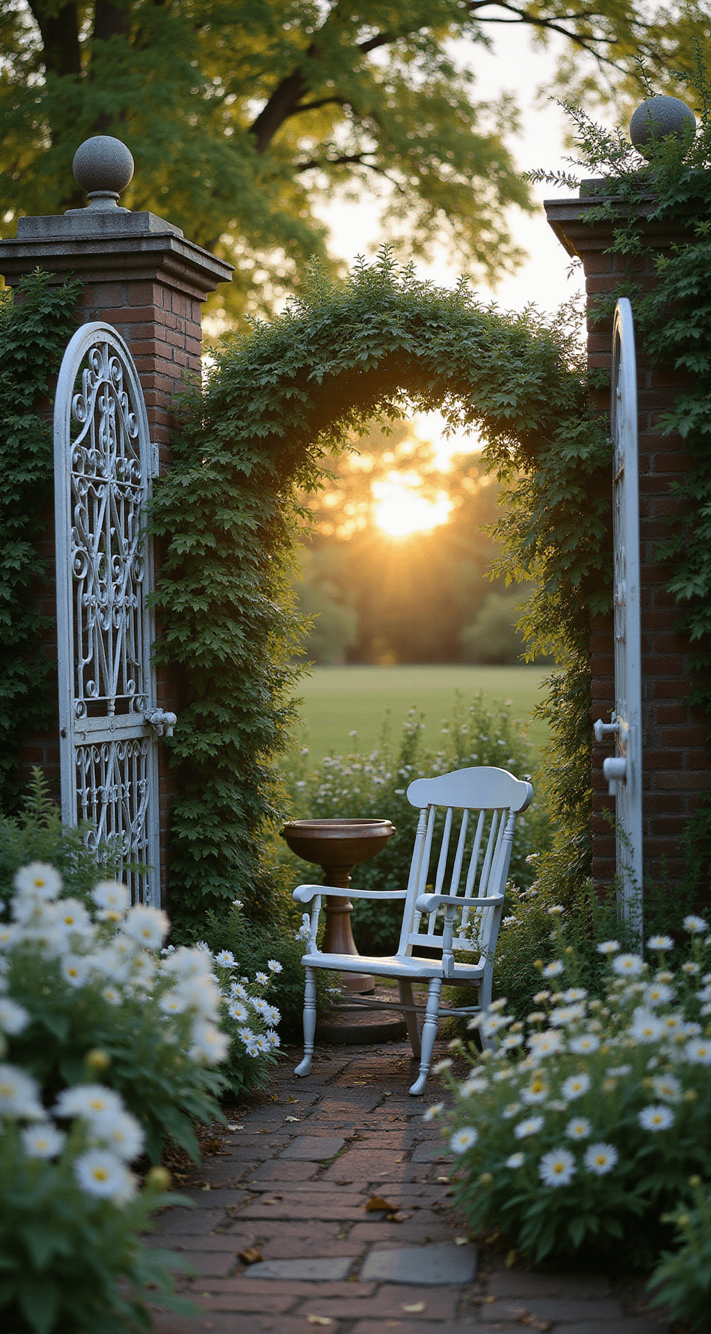 An intimate garden nook at sunset, framed by an antique iron gate draped in white clematis. A vintage white chair is surrounded by white foxgloves and shasta daisies, while a copper bird bath catches the golden light. The scene is softened by dappled evening light, creating a magical atmosphere.