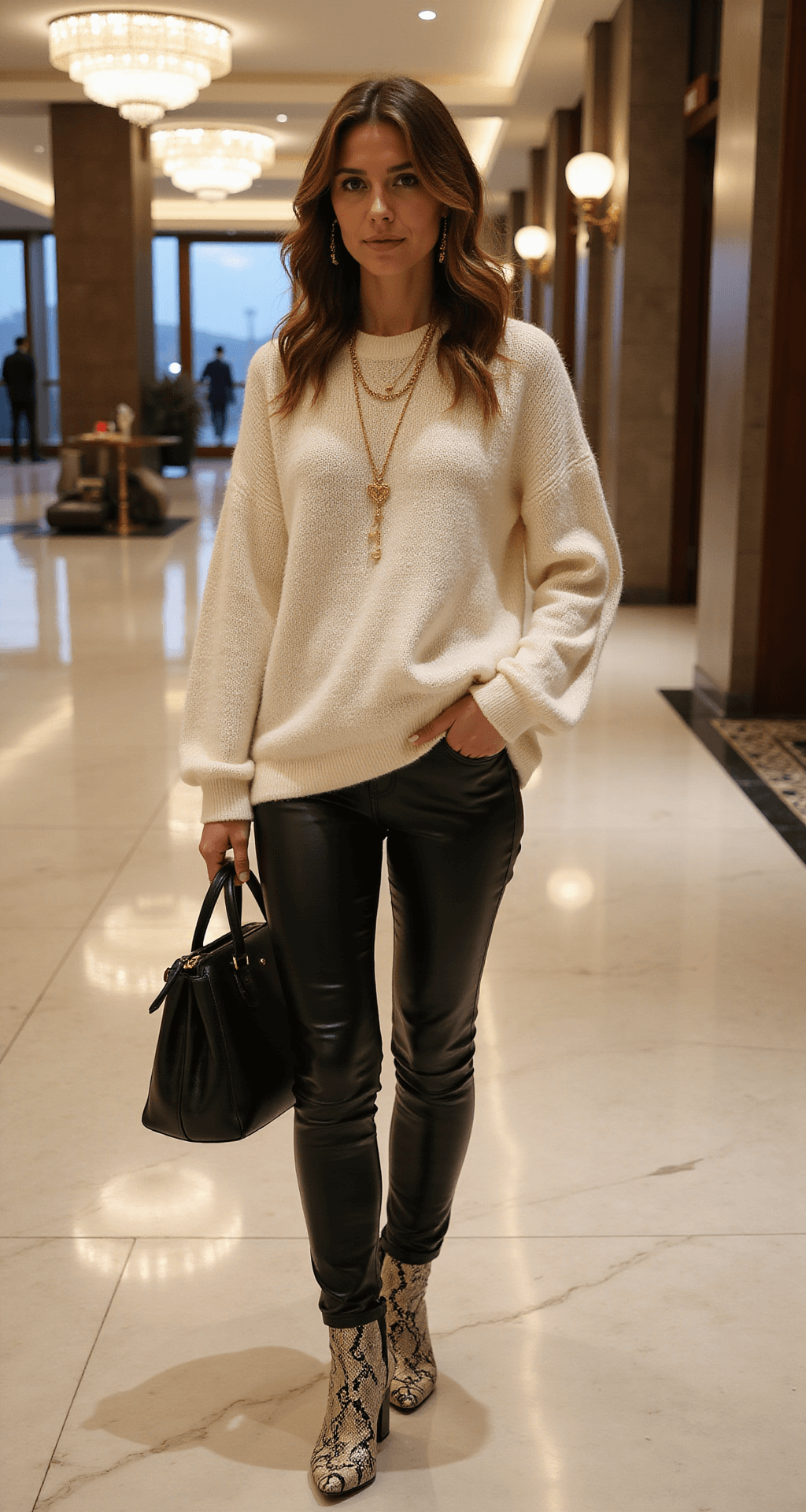 A stylish individual in a luxe hotel lobby featuring marble floors, wearing black leather pants, an oversized ivory cashmere sweater, and snake-print ankle boots, accessorized with layered gold jewelry and a structured black leather clutch, captured from a three-quarter angle.