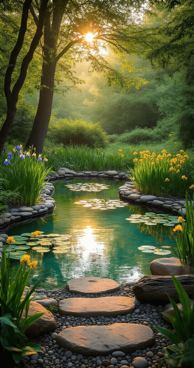 A serene wildlife pond at golden hour, featuring gently sloping pebble edges, recycled ceramic base, native iris, marsh marigolds, and floating water lilies under dappled sunlight. Natural stone steps provide hiding spots for frogs, while weathered logs add texture. The scene is captured with an ultra-wide angle lens, highlighting the deep aqua water and emerald plants against warm honey-toned rocks, with dramatic silhouettes created by backlit foliage.