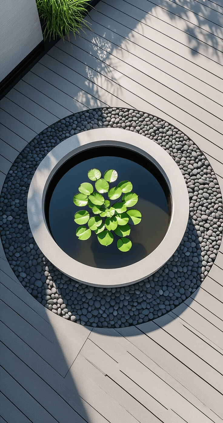 Aerial view of a minimalist urban pond scene featuring a 4ft circular concrete pond on a contemporary deck, illuminated by morning light. The pond has a single water lily, surrounded by smooth gray pebbles, and is accompanied by a modern metal sculpture. The composition emphasizes clean lines and geometric shapes in a palette of charcoal, platinum, and fresh green accents.