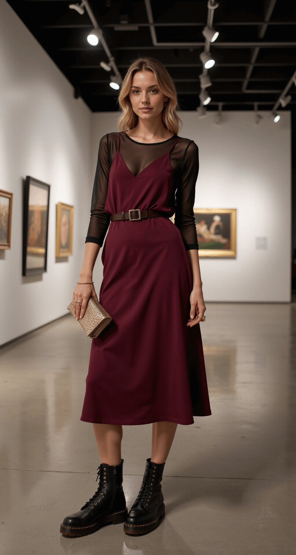 A model stands in an art gallery at night, wearing a deep burgundy midi-length slip dress layered with a black sheer mesh long sleeve top. She pairs the outfit with combat boots and holds a small metallic clutch, while multiple geometric gold rings catch the gallery's track lighting, emphasizing her silhouette against the architectural elements of the space.