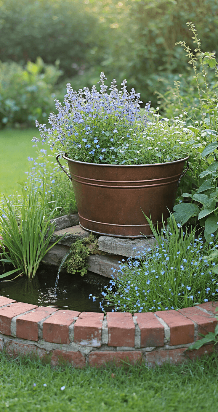 A vintage copper wash tub repurposed as a small pond overflows with trailing lobelia, forget-me-nots, and delicate sedges in a misty cottage garden at dawn, with weathered brick edging and morning light illuminating dewdrops.