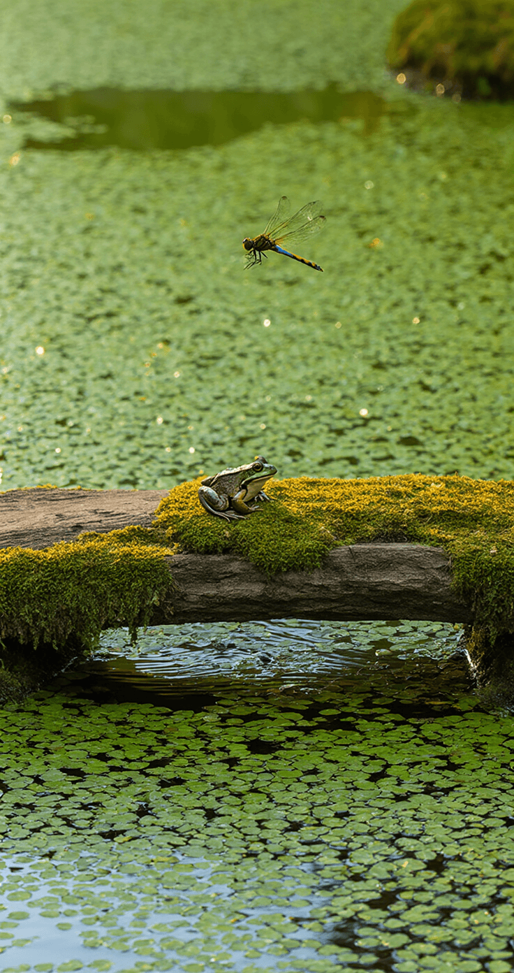 A frog sits on a moss-covered log bridge at the edge of a natural pond, surrounded by duckweed and illuminated by golden hour light, while a dragonfly hovers above and stone edges create diverse habitats.