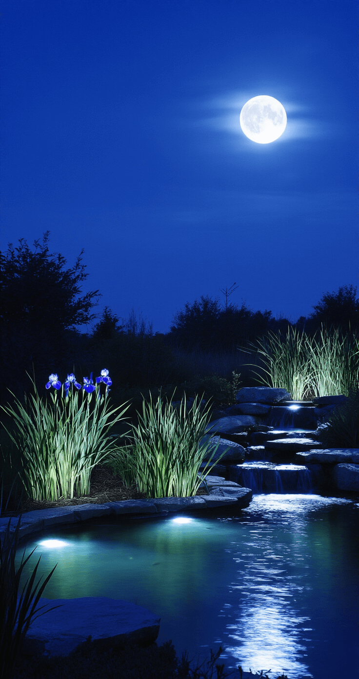 Dramatic night scene of a kidney-shaped pond illuminated by underwater lights, with spotlights accentuating architectural grasses and iris silhouettes. The full moon reflects on the still water, while a natural stone waterfall provides a soothing sound. The image features a palette of inky blues, silver highlights, and deep shadow blacks, captured in a long exposure that enhances water movement and depth from multiple light sources.