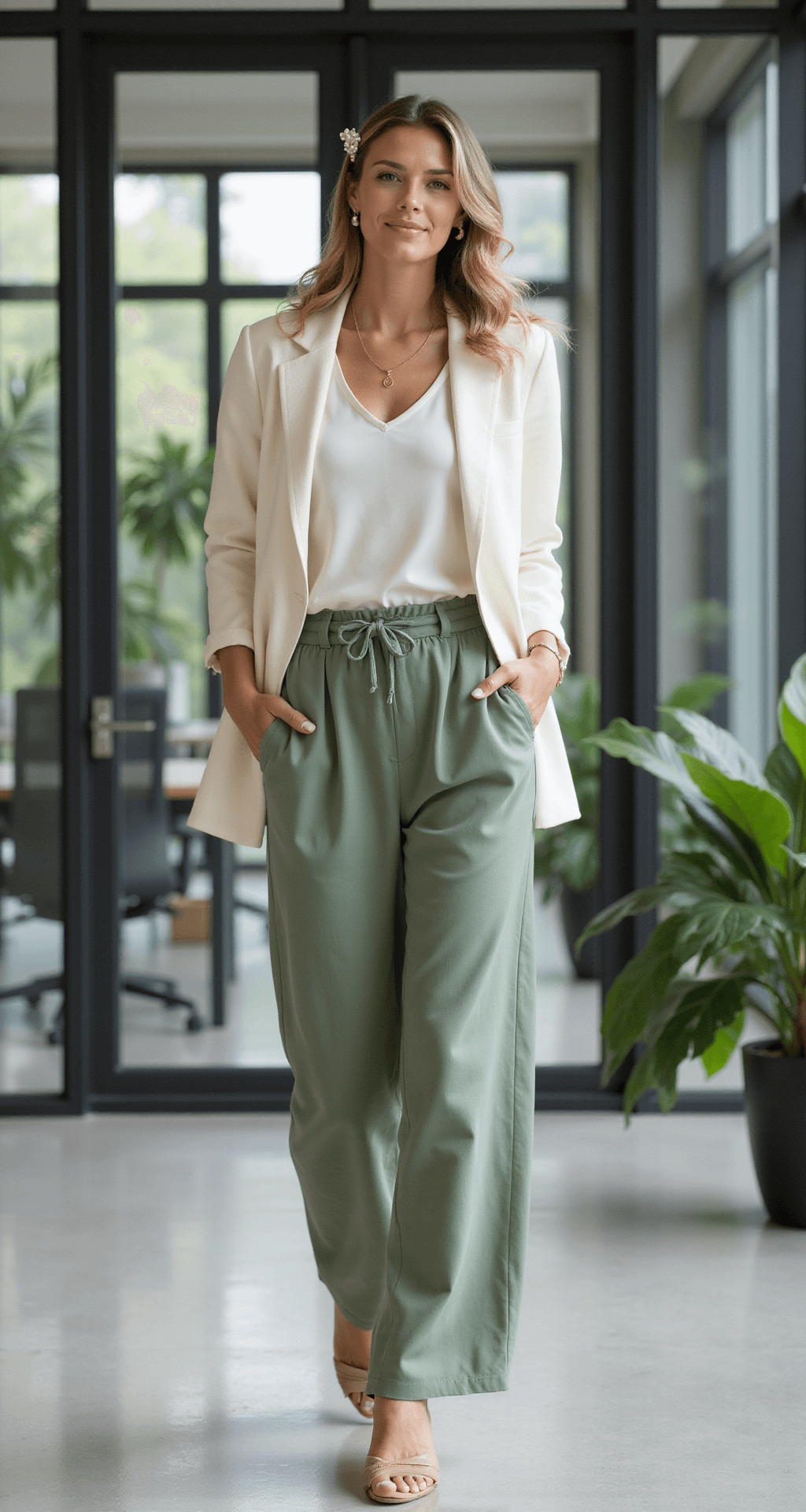 Summer Style: Fresh Outfit Ideas That'll Keep You Cool & Confident A professional woman in sage green palazzo pants, ivory silk tank, and cream linen blazer walks through a modern office with glass walls and indoor plants, illuminated by diffused midday light. She wears nude block heel sandals and minimal gold jewelry, with a pearl hair clip reflecting the light.