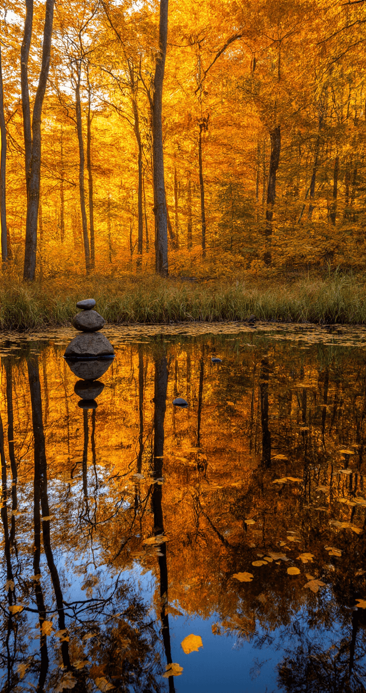 A low-angle view of a woodland pond at sunset, reflecting brilliant golden fall foliage and fallen leaves on its dark surface, with native grasses gone to seed and a stone cairn as the focal point, enhanced by a polarizing filter for dramatic reflections.