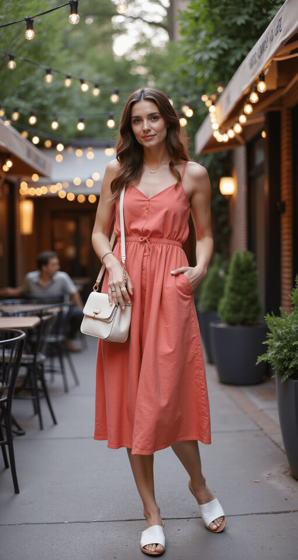 Summer Style: Fresh Outfit Ideas That'll Keep You Cool & Confident A fashion blogger in a coral linen midi dress and white leather slides sits in a peaceful courtyard cafe, illuminated by golden evening light and string lights, with a delicate gold anklet glinting. The scene is captured from street level, showcasing atmospheric bokeh from the cafe lights.