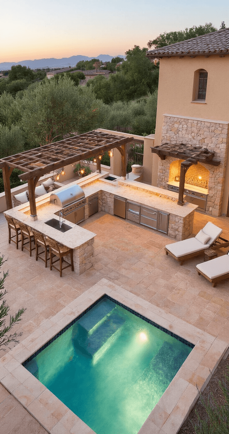 A Mediterranean-style outdoor kitchen and pool area at golden hour, featuring an L-shaped kitchen with limestone counters, a 40ft infinity pool with a swim-up bar, warm terracotta tiles, olive trees, lavender borders, and a natural stone accent wall with a fountain, all illuminated by warm ambient lighting and pool reflections.