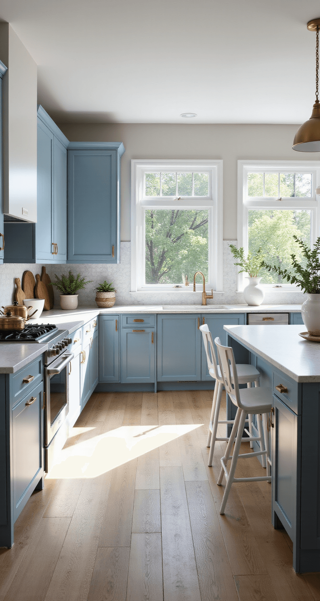 Sunlit modern kitchen with powder blue Shaker-style cabinets, white quartz waterfall countertops, brass hardware, and wide-plank white oak flooring, featuring large east-facing windows and a marble hexagon backsplash, styled with copper cookware and white vases.