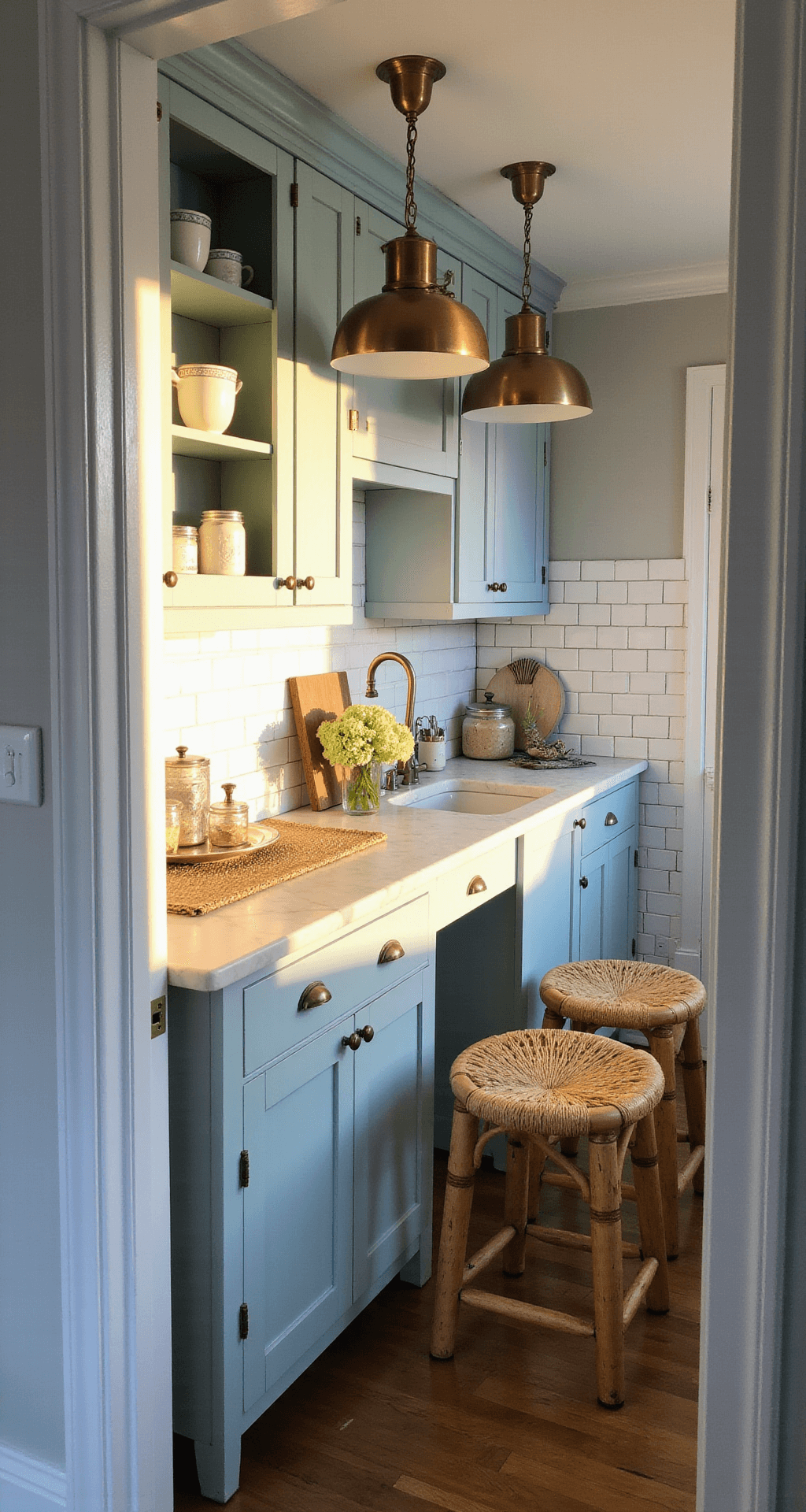Intimate coastal kitchen featuring robin's egg blue cabinets and cream subway tiles, illuminated by vintage brass pendant lights. The scene captures white marble countertops with seagrass barstools and a jute runner, all bathed in golden hour light, highlighting weathered brass cabinet pulls and styled with white ceramics, glass canisters, and fresh hydrangeas.