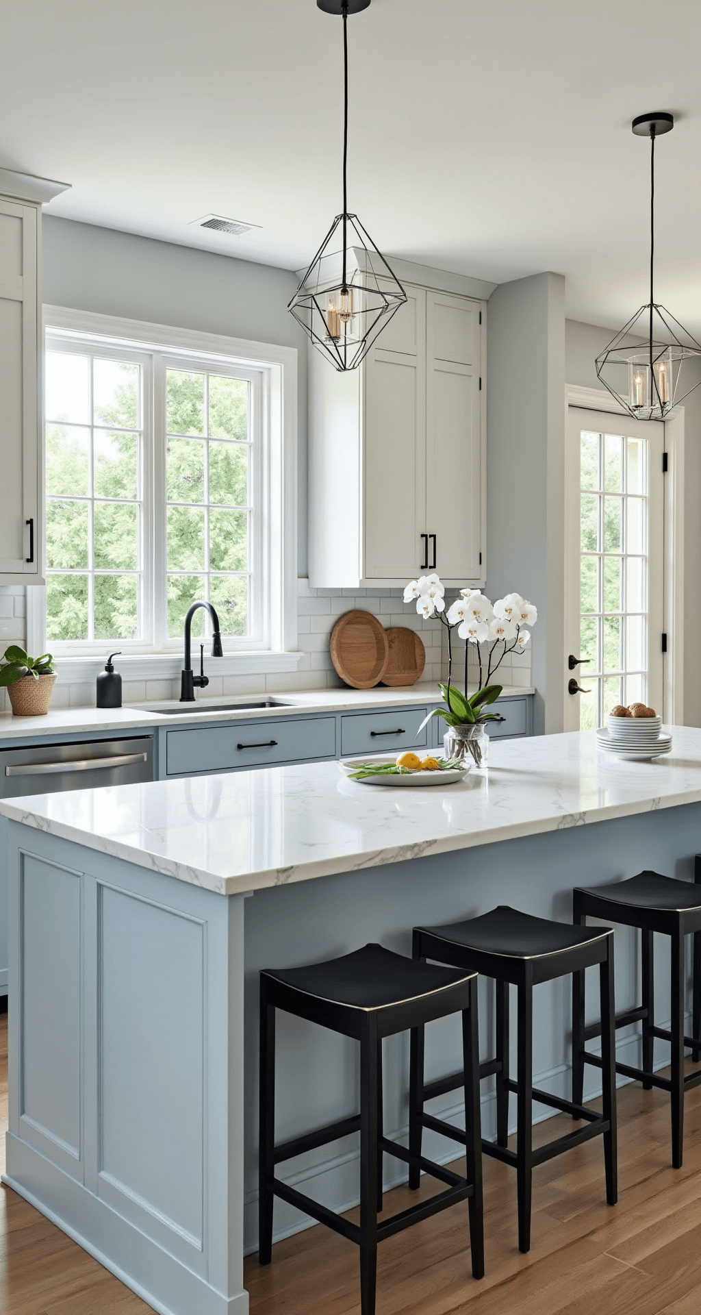 Contemporary open-concept kitchen with ice blue lower cabinets and white upper cabinets, featuring a waterfall quartz island, double-height windows, geometric pendant lighting, and minimalist decor, captured from an elevated perspective.