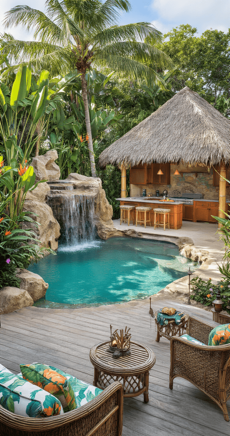 A vibrant tropical paradise featuring a freeform pool with a rock waterfall and hidden grotto, surrounded by lush landscaping of palms and flowering plumeria, with a thatched-roof kitchen pavilion and rattan furniture, all captured in mid-morning sunlight.