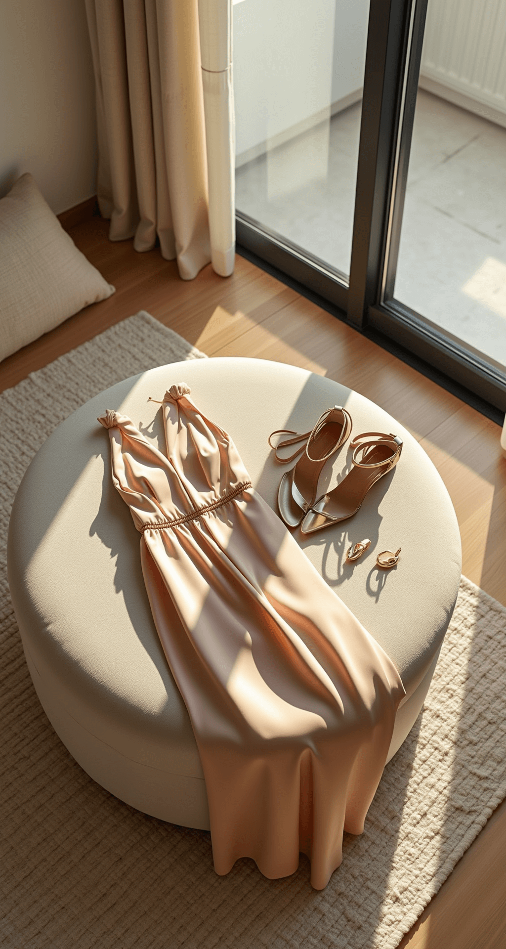 A sunlit minimalist studio apartment features a fashion influencer's birthday brunch outfit arranged on a velvet ottoman: a champagne-colored silk midi dress, metallic leather sandals, a cream leather crossbody bag, and minimal gold jewelry. The scene is enhanced by natural textures like linen throw pillows and a fluffy cream area rug, all bathed in warm golden morning light. Shot from a high angle to capture the thoughtful styling and soft neutral color palette.