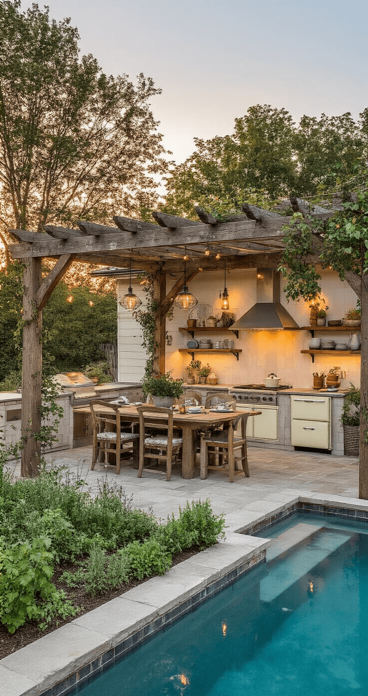 Rustic farmhouse pool area at sunset featuring a split-level design with a reclaimed barn wood kitchen deck, vintage cream enamel appliances, a white oak pergola adorned with climbing roses, and a natural flagstone pool surround integrated with herbs and a kitchen garden. Includes galvanized metal planters, industrial pendant lights, and a farmhouse dining table for twelve, all highlighted by warm copper sconces, vintage string lights, and subtle pool illumination in a palette of weathered woods, creamy whites, sage green, and warm grays.