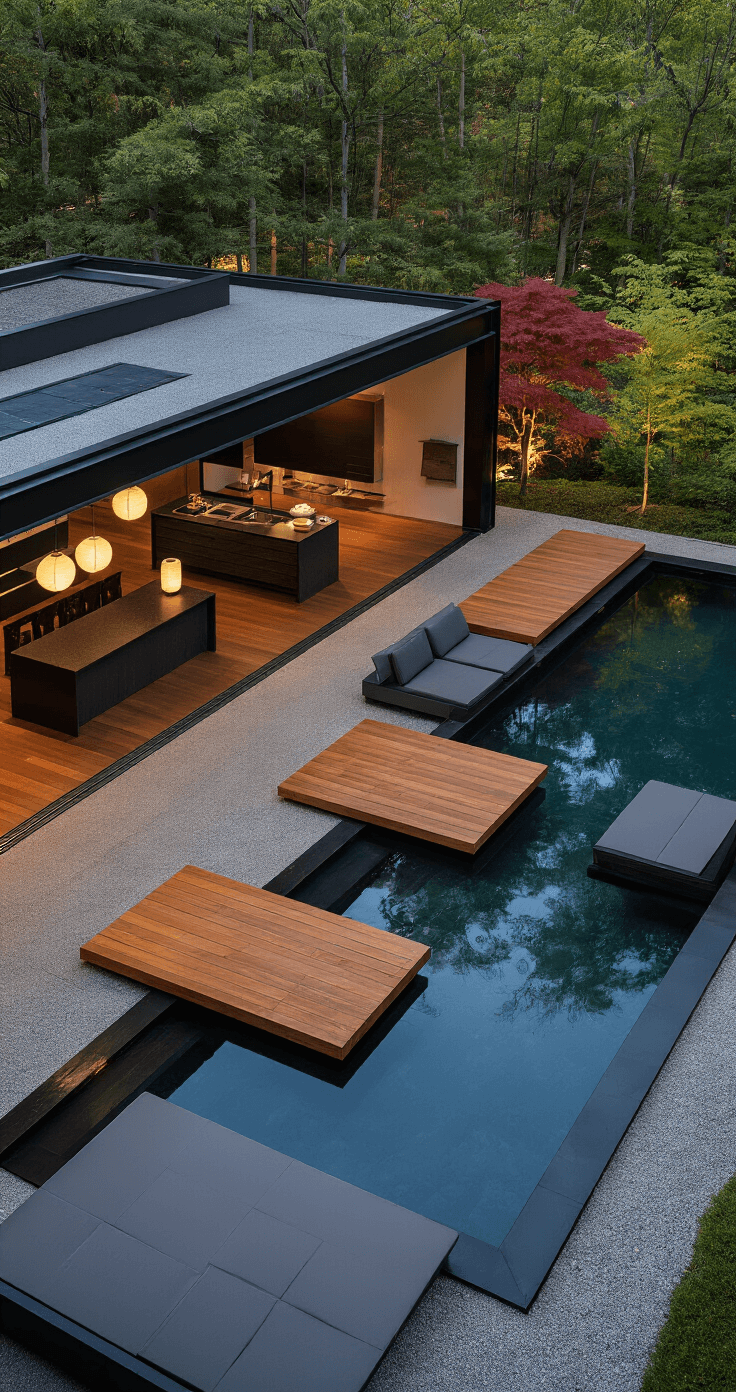 A contemporary outdoor space at blue hour featuring an infinity edge pool with floating timber deck islands, a clean-lined kitchen pavilion in dark ipe wood and black granite, and zen garden elements. Minimalist charcoal aluminum furniture is arranged among raked gravel and specimen maples, illuminated by paper lanterns overhead. The image captures strong geometric lines and peaceful water reflections from an elevated perspective, showcasing a color palette of deep browns, blacks, grays, and red maple accents.