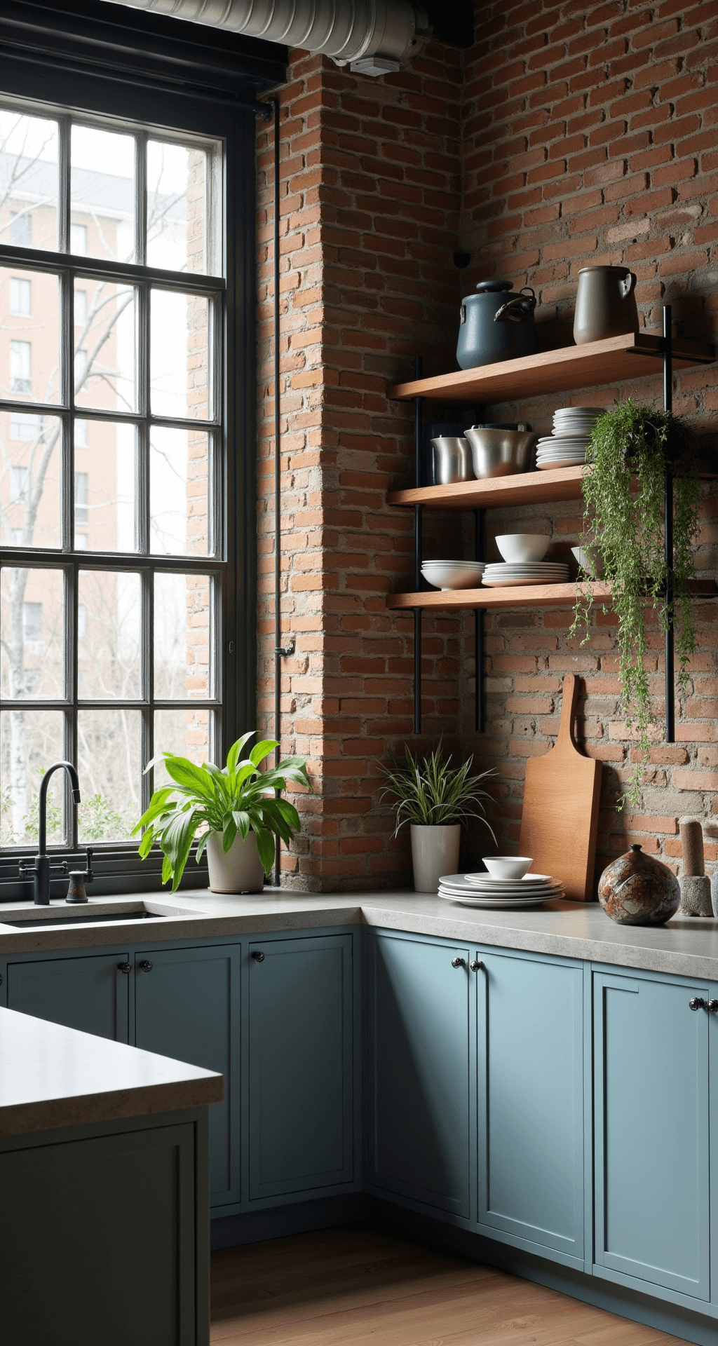 Urban loft kitchen featuring dusty blue cabinets, exposed brick walls, and steel-framed windows, with concrete countertops, blackened steel hardware, and open shelving displaying curated items, captured from a corner to highlight vertical height and dramatic side lighting.