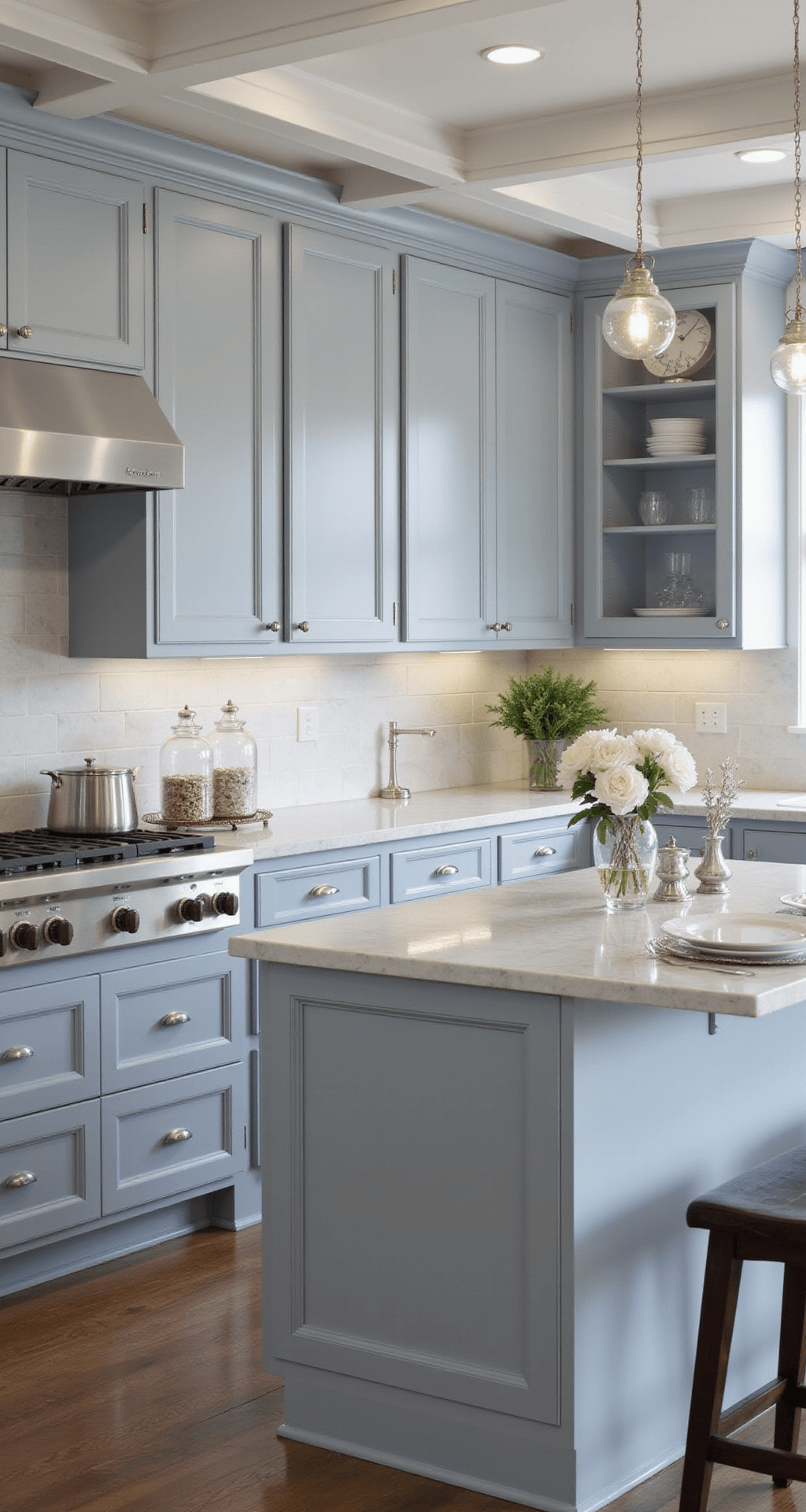 Transitional kitchen with soft blue-gray cabinets and coffered ceiling, featuring dimmable recessed lighting, Calacatta marble counters and backsplash, polished nickel hardware, styled with silver serving pieces, white florals, and crystal decanters in an elegant evening ambiance.